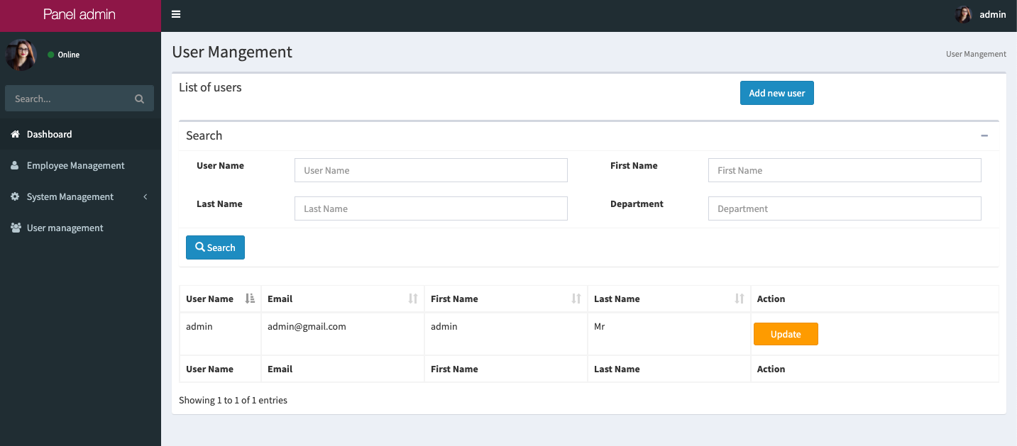 Customer admin screen preview